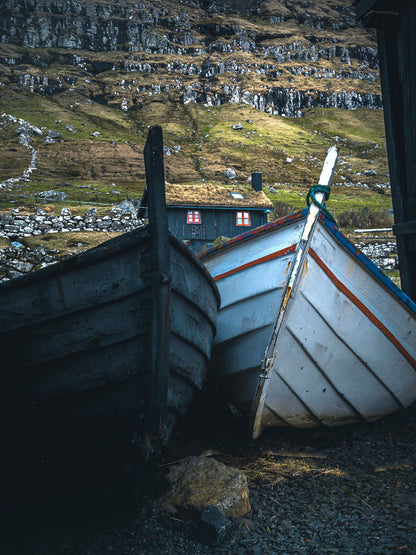 Traditional Faroese wooden boats in Kirkjubøur village, Faroe Islands photography print