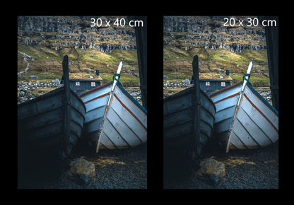 Traditional Faroese wooden boats in Kirkjubøur village, Faroe Islands photography print. Fine art print sizes 20x30cm and 30x40 cm