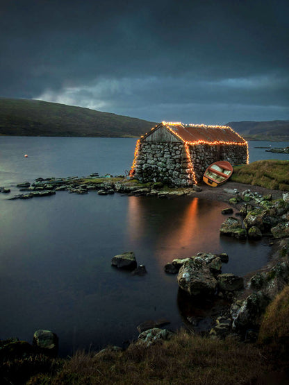 Faroe Islands photography print of a boat house by Sørvágsvatn / Leitisvatn lake