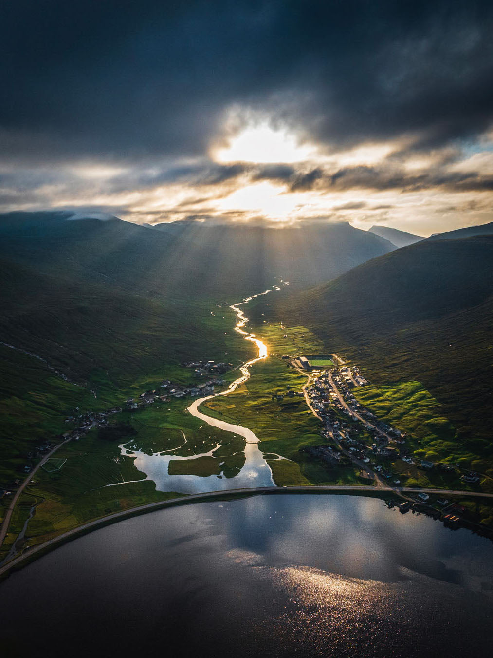 Streymnes village Faroe Islands fine art photography print aerial sunset valley light