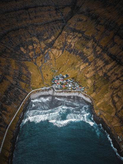Faroe Islands Photography print of the remote village of Tjørnuvík set in a fjord by the Atlantic Ocean