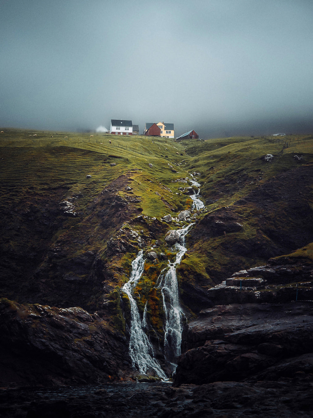 Viðareiði village Faroe Islands fine art photography print waterfall fog cliff