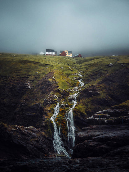 Viðareiði village Faroe Islands fine art photography print waterfall fog cliff