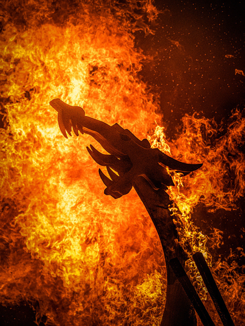 Viking boat and dragon head on fire in Vágur, Faroe Islands, fine art photography print