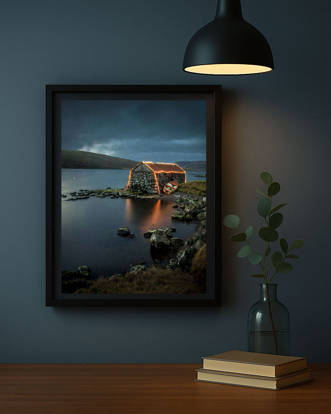 Faroe Islands photography print of a boat house by Sørvágsvatn / Leitisvatn lake, framed on the wall