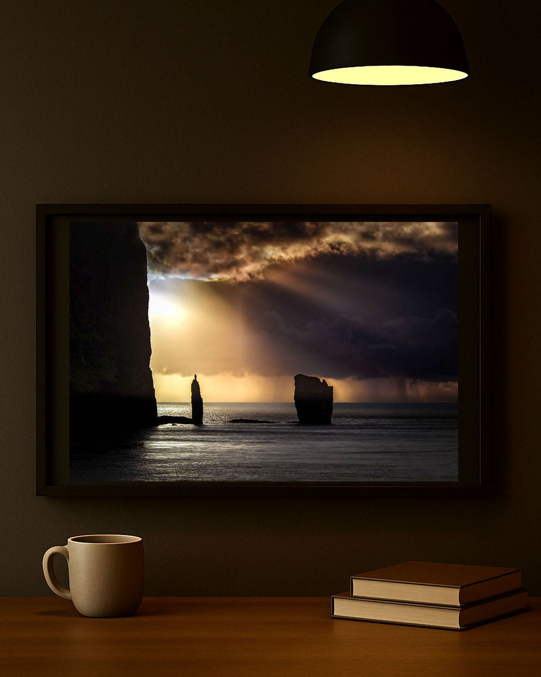Giant and the Witch Faroe Islands photography print displayed on living room wall, framed