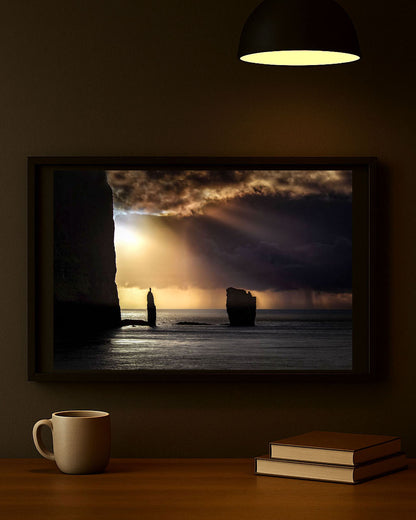 Giant and the Witch Faroe Islands photography print displayed on living room wall, framed