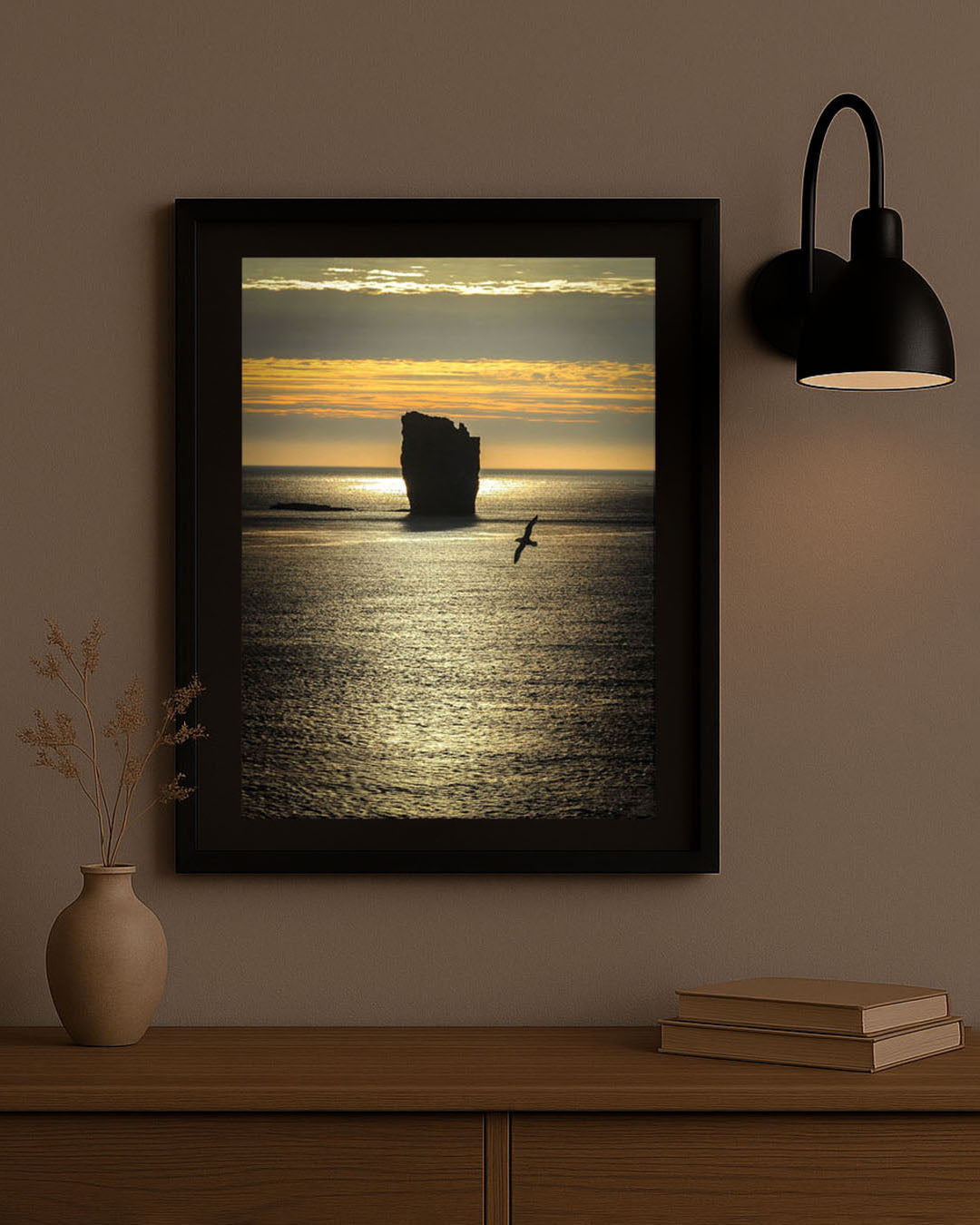 Golden hour Faroe Islands photography print framed on wall in living room