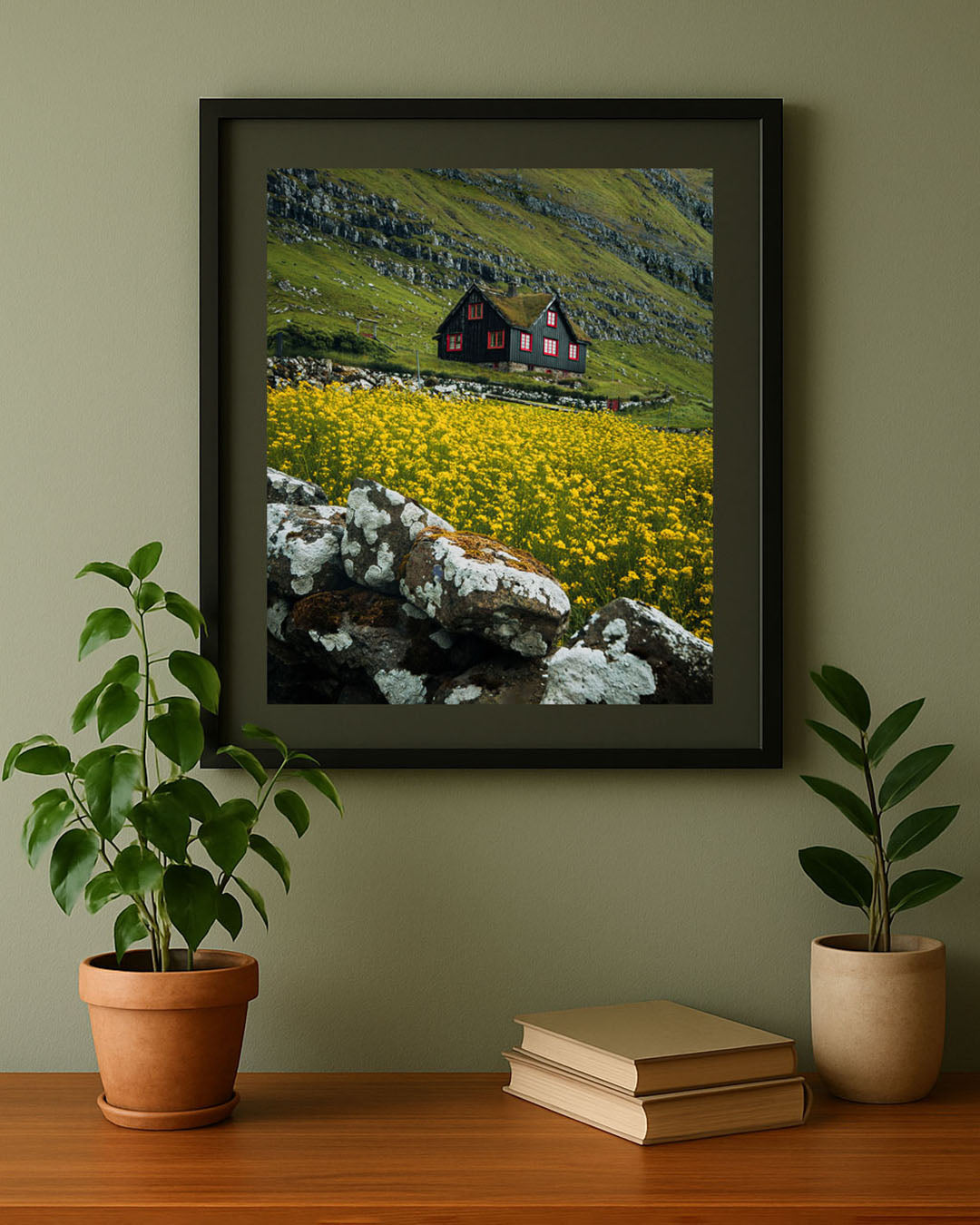 Kirkjubøur village Faroe Islands photography print framed on wall in living room