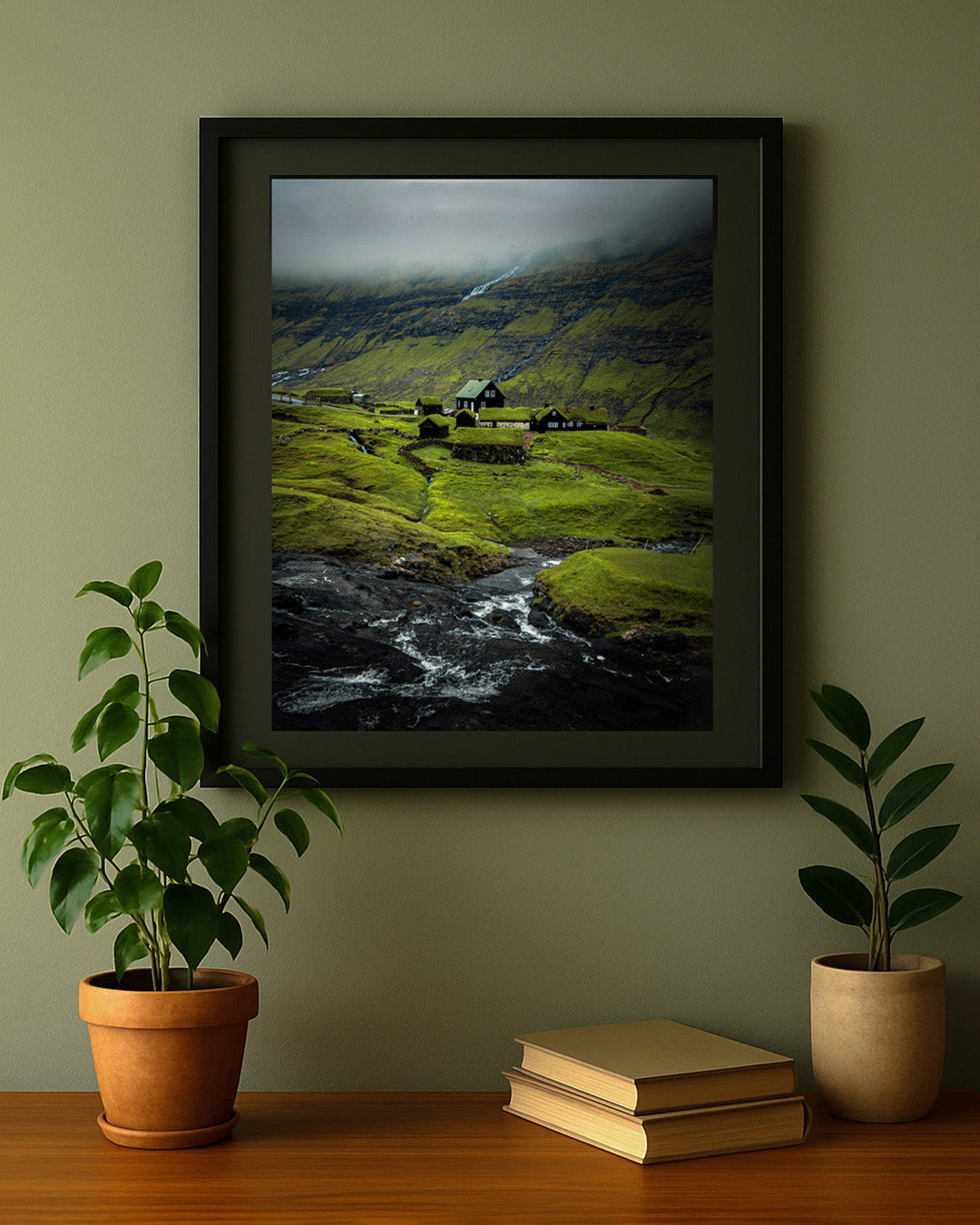 Framed photography print of Saksun village, Faroe Islands, displayed on a wall