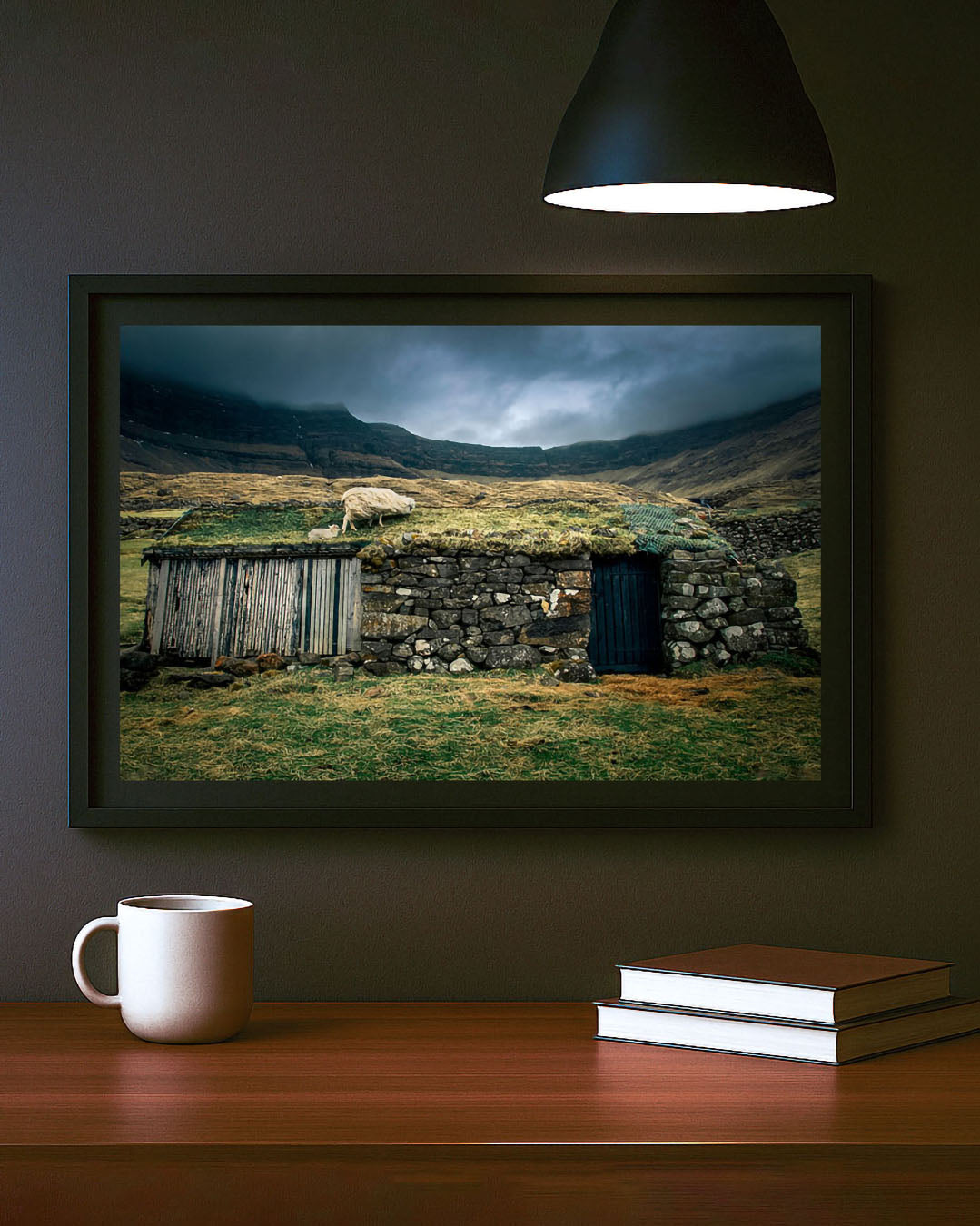Faroe Islands countryside photography print displayed on living room wall