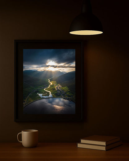 Rugged shores Faroe Islands photography print framed on wall in living room