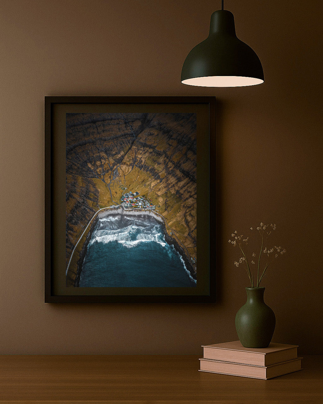 Faroe Islands Photography print of the remote village of Tjørnuvík framed on the wall