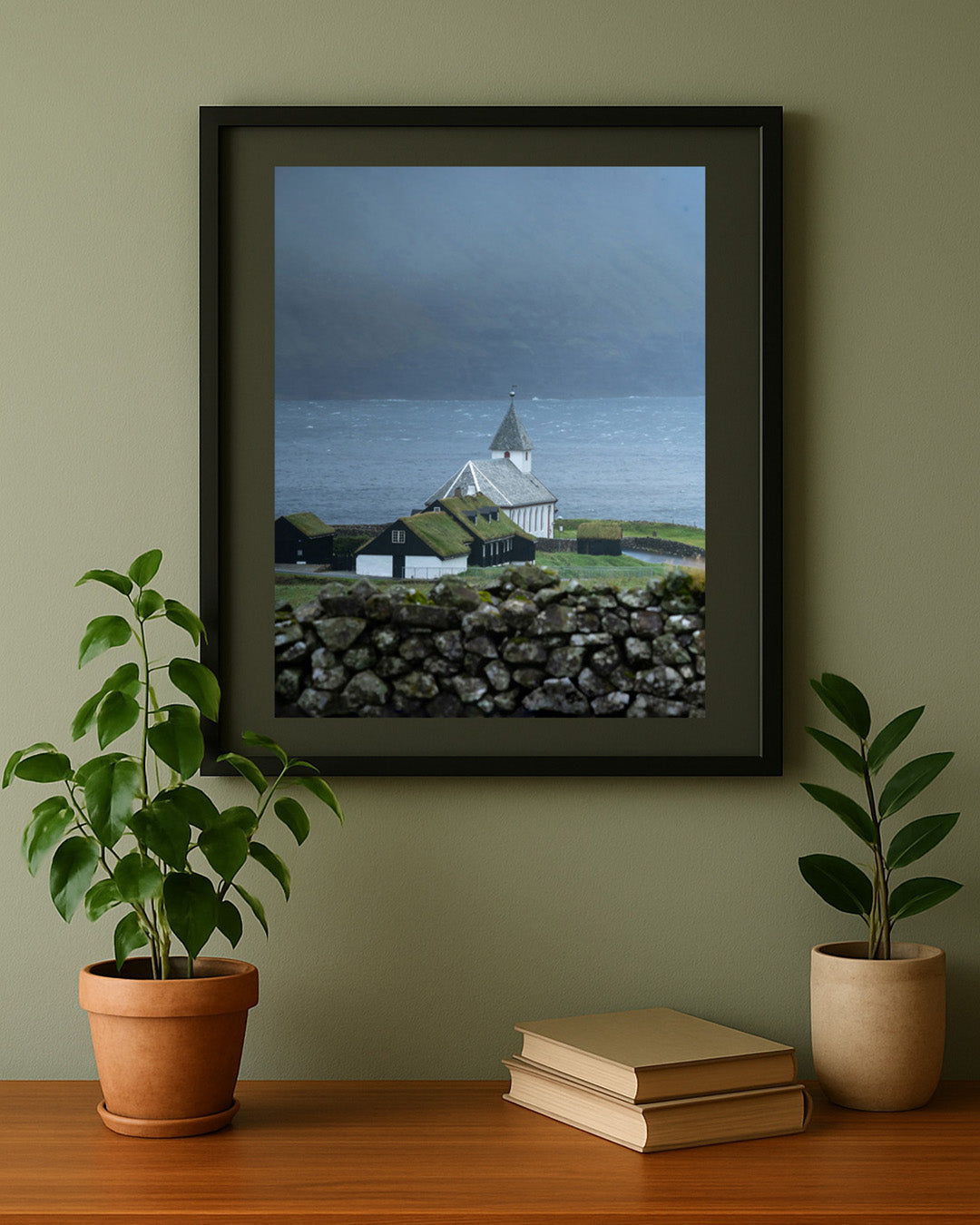 Viðareiði church Faroe Islands photography print framed on wall in living room