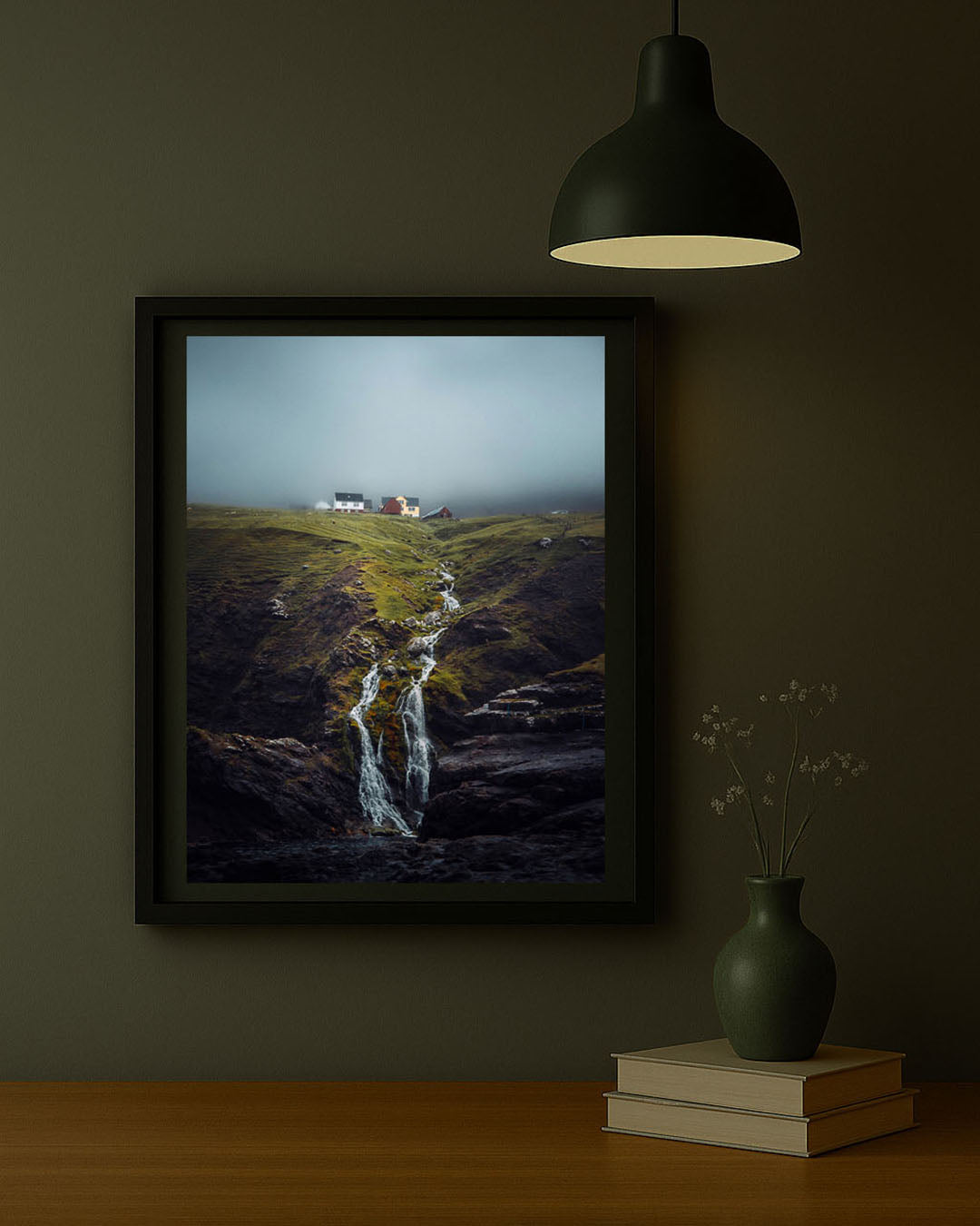 Viðareiði village Faroe Islands photography print displayed on living room wall