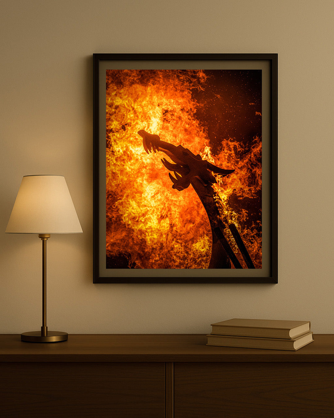 Viking boat and dragon head on fire fine art photography print framed on a wall
